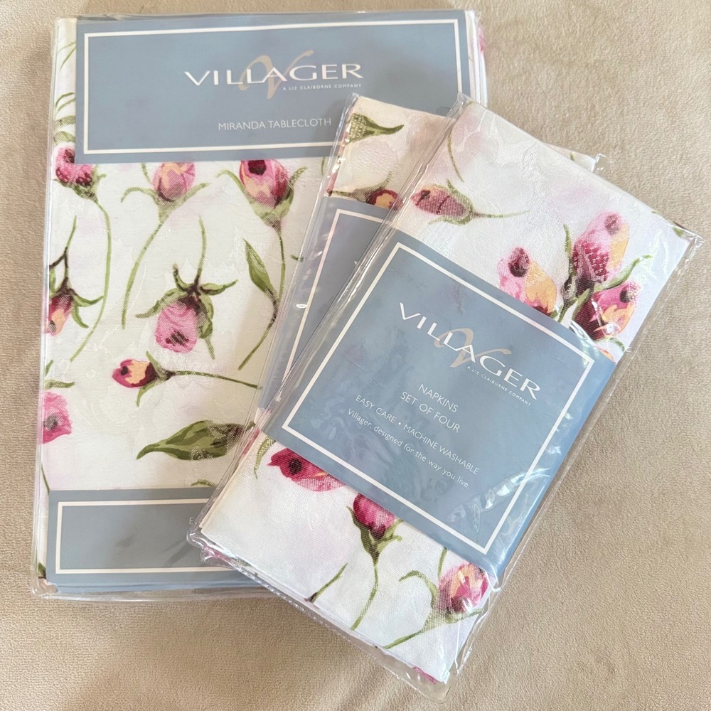 Floral Tablecloth 60x84 Rectangle and 8 Napkins Set Villager Liz Claiborne Pink